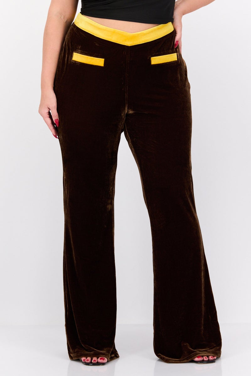 Labelrail x Franceska Perks Women Regular Fit Plain Velvet Wide Leg Pants, Brown - Image 1